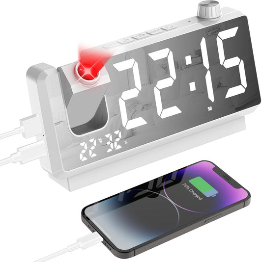 GuDoQi Projection Alarm Clock for Bedroom, Digital Clock with 180° Projector, 7" Large LED Display, Dual Alarms, Temperature&Humidity Display, Dual USB Port, 12/24H, Snooze, for Heavy Sleepers, White