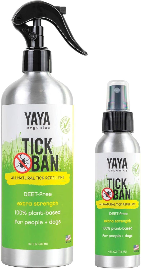 YAYA ORGANICS Tick Ban | Extra Strength Tick Repellent Made with Essential Oils and All Natural, DEET Free Ingredients | Proven Effective, Safe for Adults, Kids and Dogs | Mixed Pack (4oz/16oz)