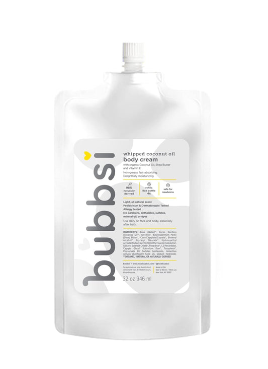 Bubbsi Whipped Coconut Oil Baby Lotion for Eczema, Dry Skin, Baby Acne, KP | Organic Coconut Oil, Shea Butter, Vitamin E | Light, Natural Scent | EU Compliant, Vegan (Refill Pouch, 32oz)