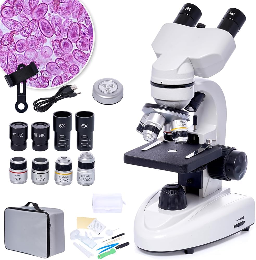 SELFIE CAT Binocular Compound Microscope 200X-5000X Magnification Microscope for Adults & Kids & Students, Binocular Laboratory Microscope with Wide Field, Microscopes Eyepieces Kit for School & Home