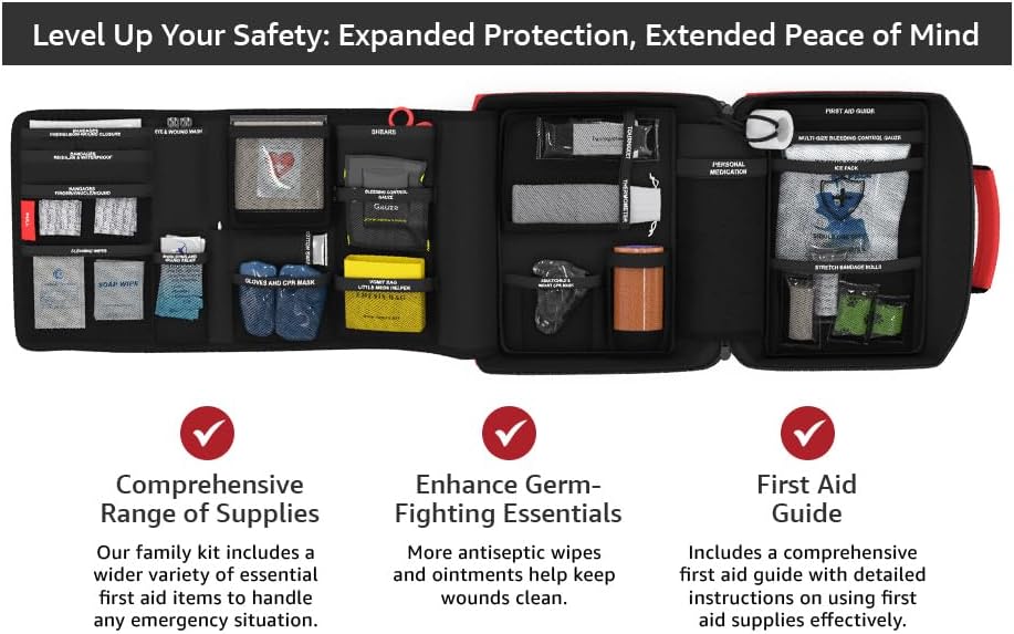 Family First Aid & CPR Kit - Emergency Medical Kit for The Entire Family, Child, Kids, and Youth. Perfect for Camping, Travel, Car, Hiking, Sports, Outdoor, and Home - First Aid Guide Life Safety Pro