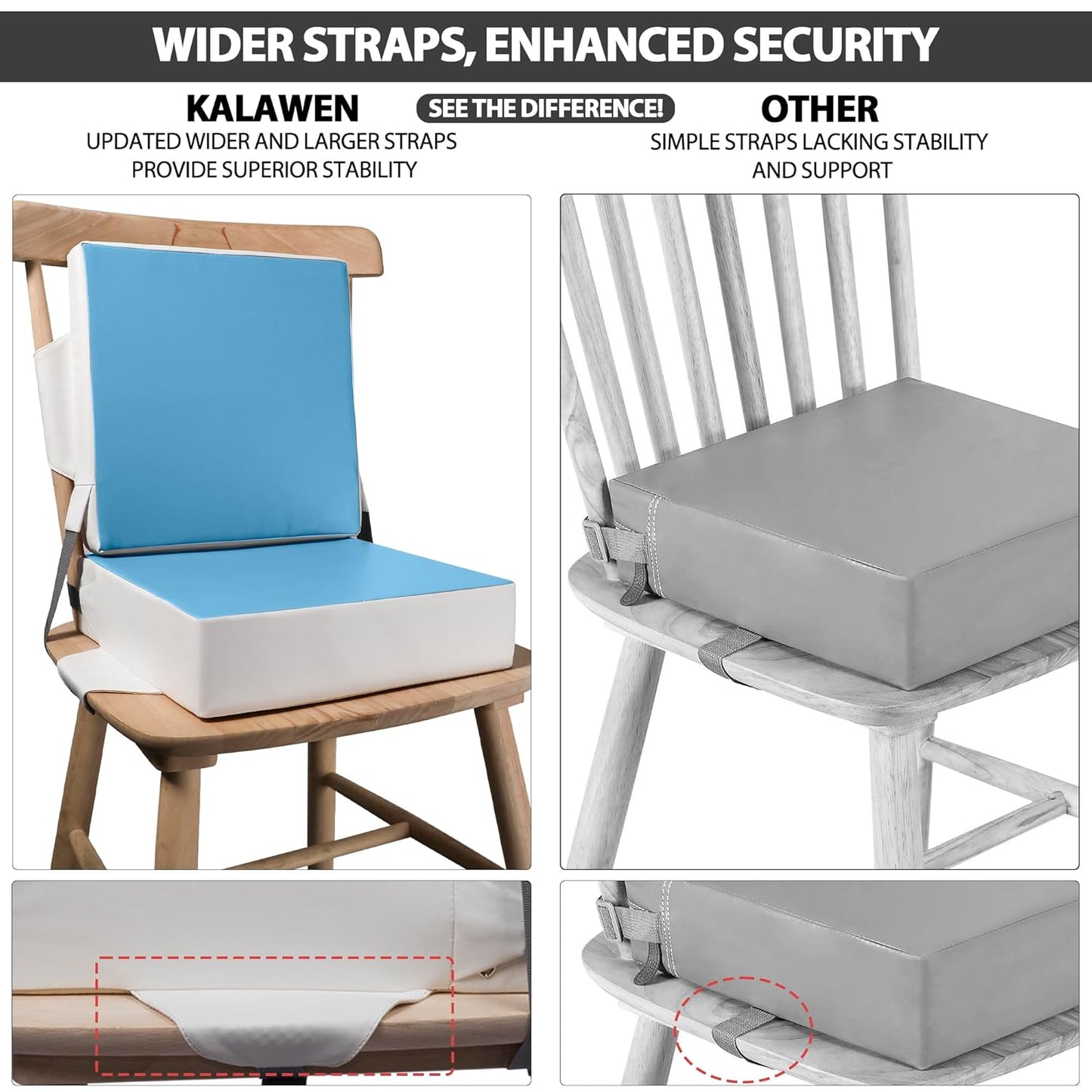 Kalawen Upgraded 2Pcs PU Washable Straps Safety Buckle Toddler Booster Seat for Kitchen Chair, Portable Travel