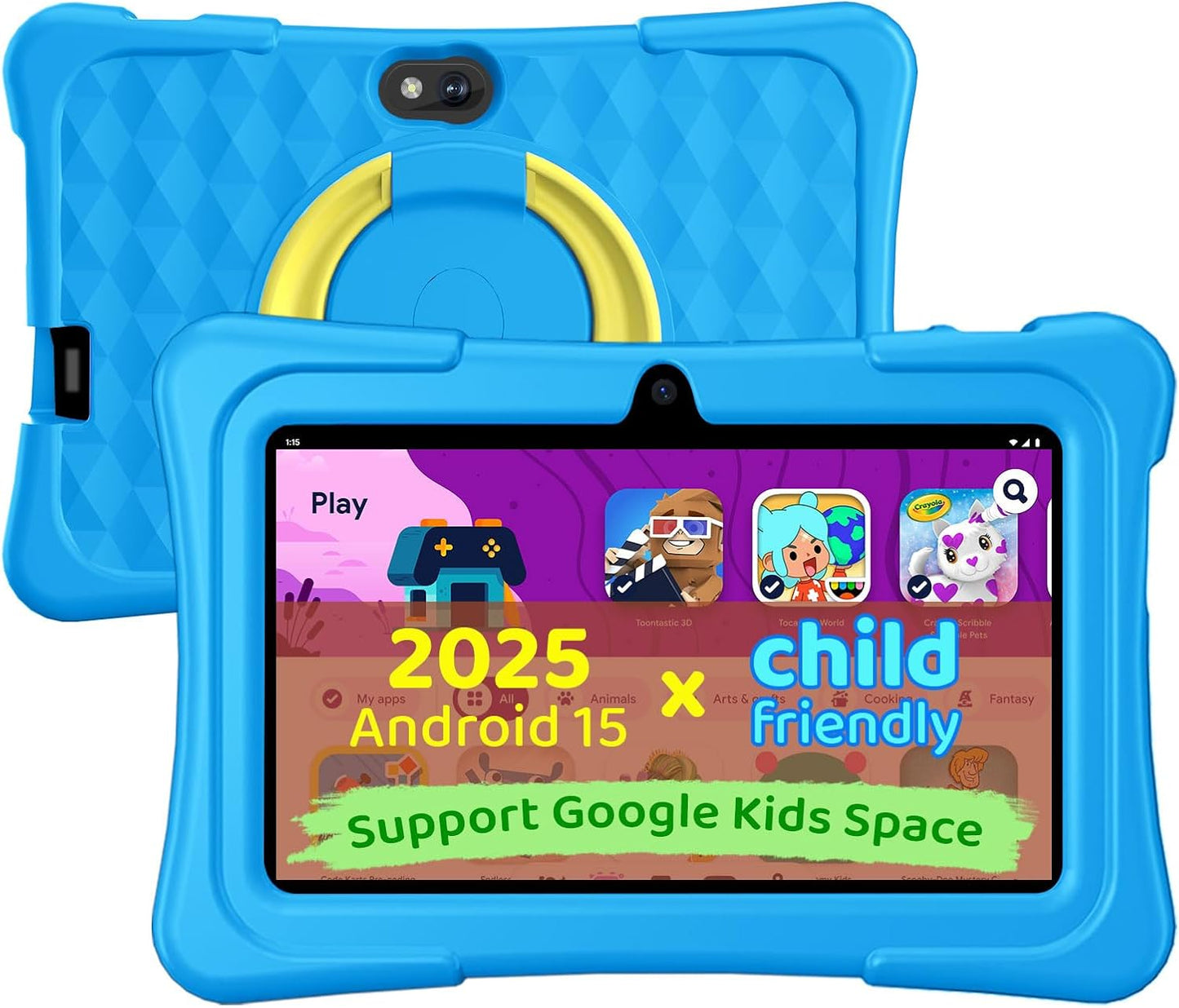 Kids Tablet, 7 inch Android 15 Tablet for Kids, 8GB+32GB 1TB Expand, Quad-Core Toddler Tablets with Shockproof Case, BT5.0, WiFi 5, Parental Control, Games, Dual Camera (Sky Blue)