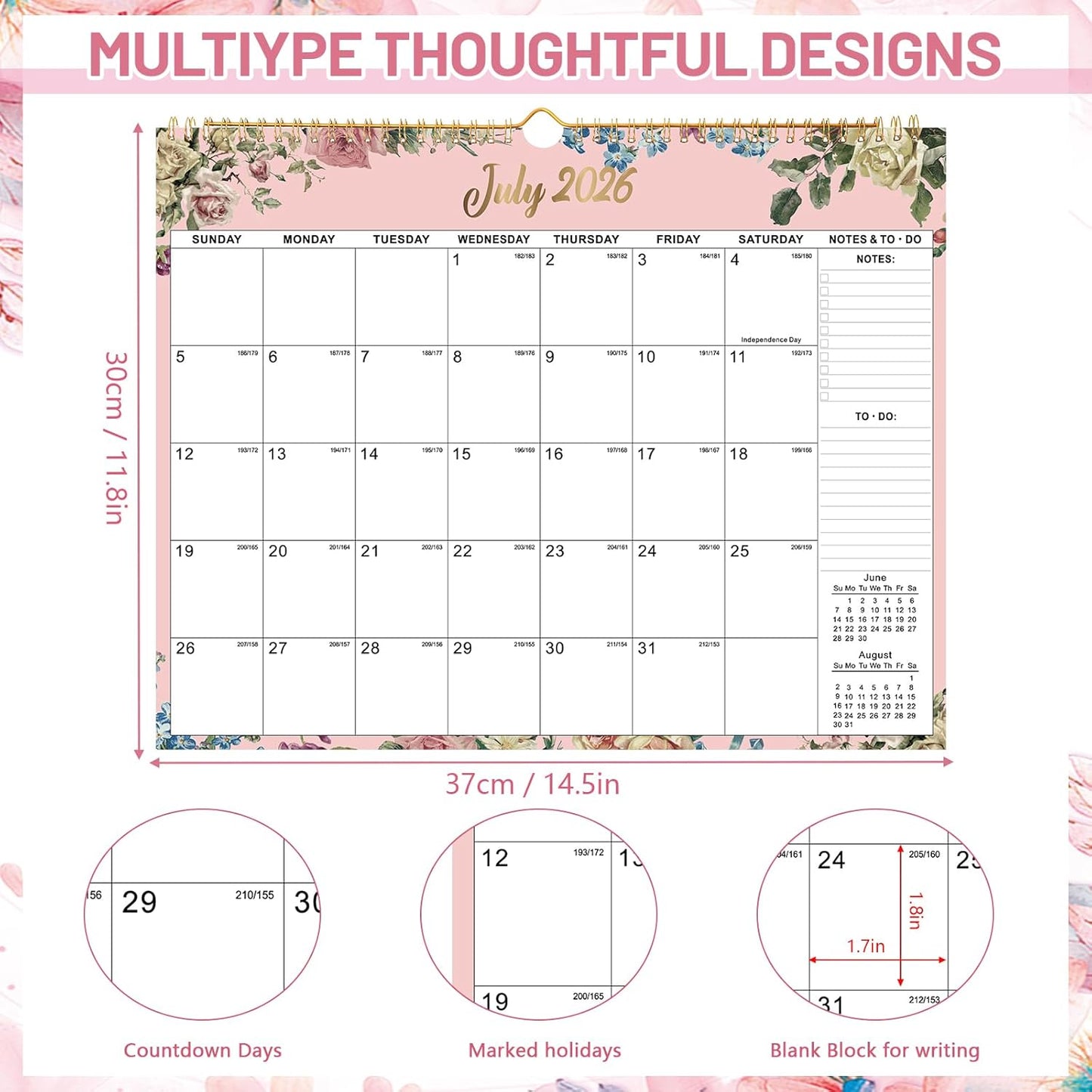 Wall Calendar 2025-2026, 18 Month Large Desk Calendar from July 2025 to December 2026 14.5" x 11.8" Monthly Calendar with Twin-Wire Binding for Home Office Planning Organisers, Flower Design