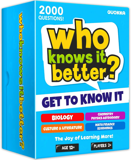 Board Games for Kids 8-12 and Family - Set of 4 Who Knows It Better? - 2000+ Questions Across Biology, Culture, STEM and Math - Educational Trivia Cards for Learning and Game Night