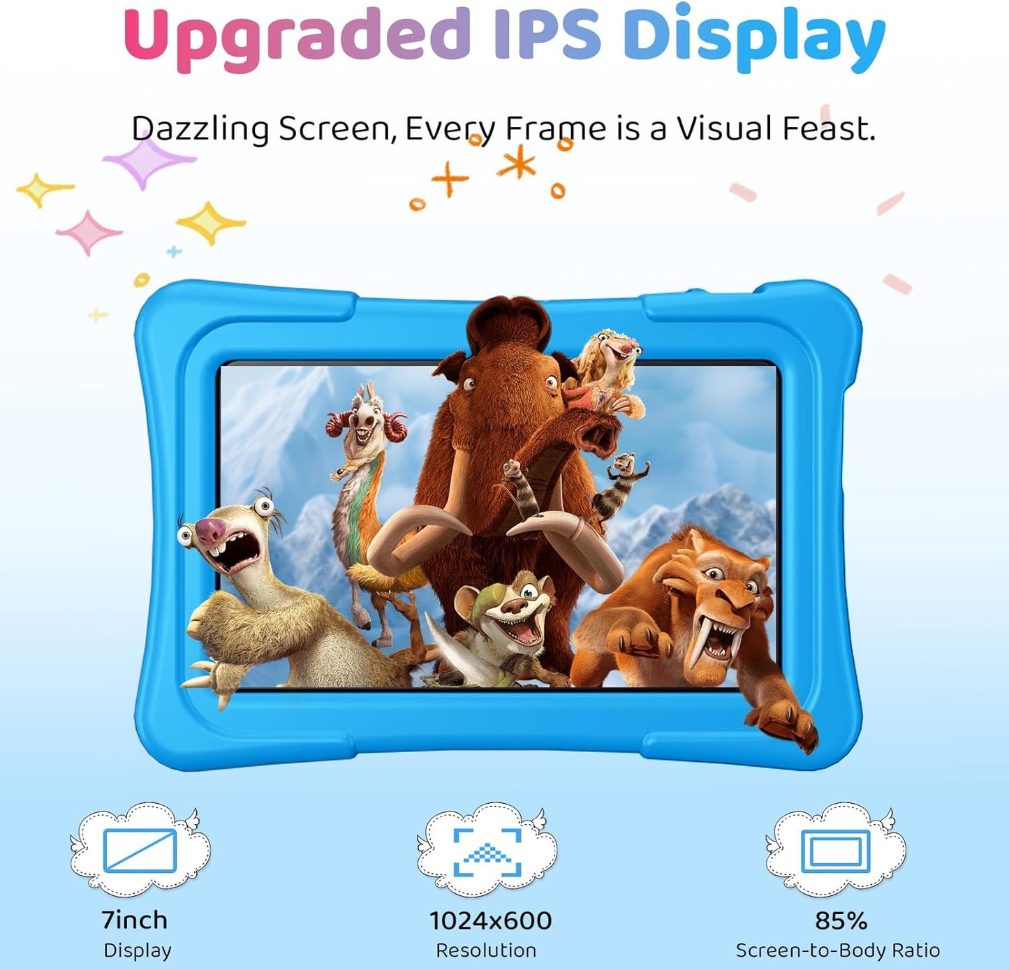 Kids Tablet, 7 inch Android 15 Tablet for Kids, 8GB+32GB 1TB Expand, Quad-Core Toddler Tablets with Shockproof Case, BT5.0, WiFi 5, Parental Control, Games, Dual Camera (Sky Blue)