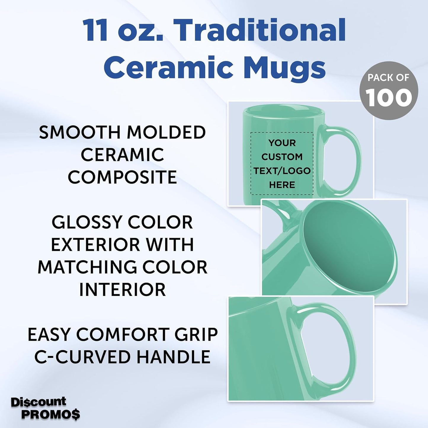 Custom Ceramic Coffee Mugs 11 oz. Set of 100, Personalized Bulk Pack - Coffee cup set, Iced coffee cup, Gaming mug - Teal