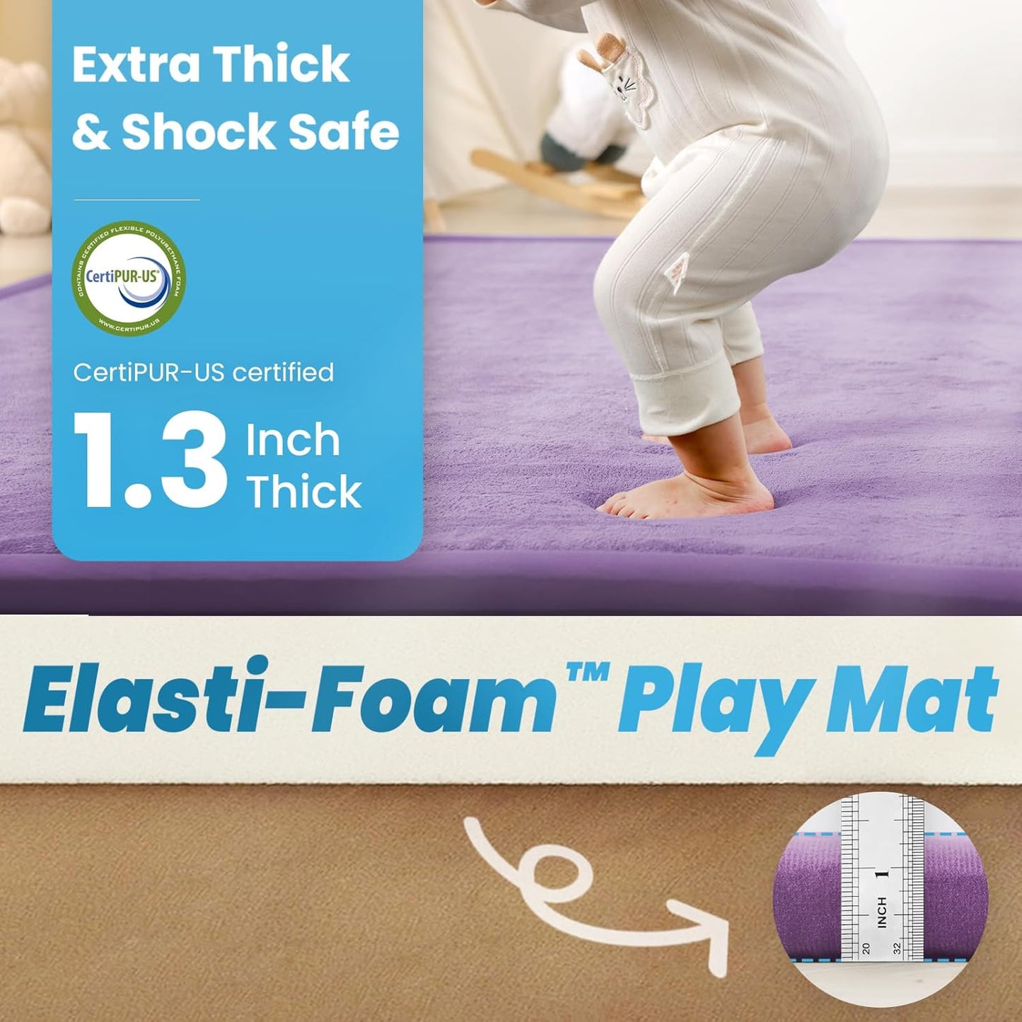 1.3" Thick Baby Play Mat,Ultra Soft Elasti-Foam 50×50 Playpen Mat for Tummy Time,Water-Repellent Coral Fleece Nursery Rug for Infants,Toddlers,Kids,Non-Slip Safe for Crawling(Lavender)