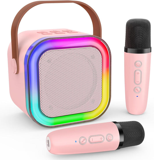 Mini Karaoke Machine for Kids, Haomuren Protable Bluetooth Speaker with 2 Wireless Microphone and LED Color Lights, Christmas Birthday Gifts Toys for Girls Boys Friends Age 3-12+ Years Old (Pink)