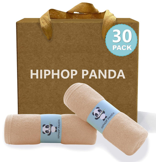 HIPHOP PANDA Baby Washcloths, Rayon Made from Bamboo - 2 Layer Ultra Soft Absorbent Newborn Bath Face Towel - Reusable Baby Wipes for Delicate Skin - Brown, 30 Pack