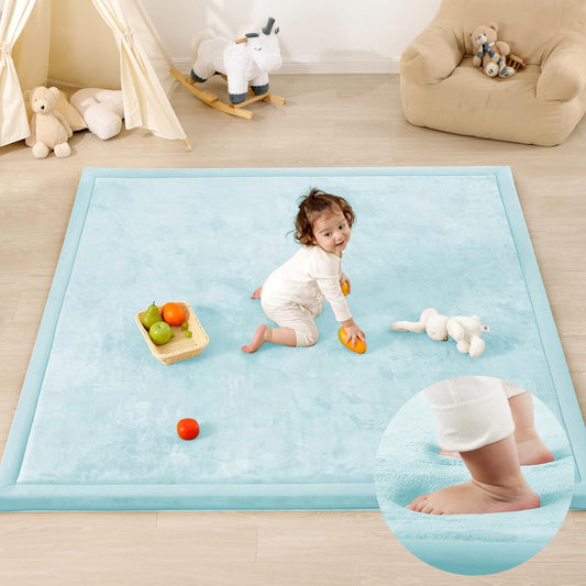 1.3" Thick Baby Play Mat,Ultra Soft Elasti-Foam 50×50 Playpen Mat for Tummy Time,Water-Repellent Coral Fleece Nursery Rug for Infants,Toddlers,Kids,Non-Slip Safe for Crawling(Ice Blue)