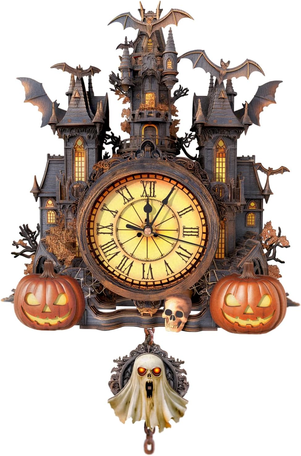 3D Puzzles for Adults Clock-Halloween Cottage Design Model Kit-Mechanical DIY Pendulum Clock with Roman Numerals-Desk Home Office Decor Personalized Gift for DIY Lovers