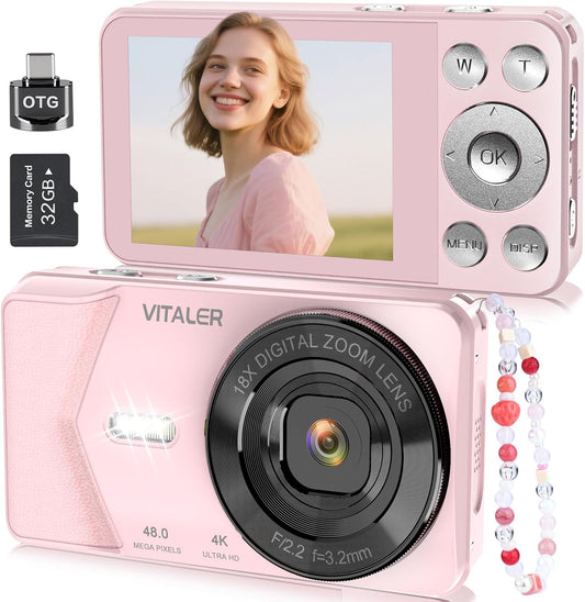 Digital Camera, Autofocus 48MP 4K Camera for Photography with 32GB Card, Portable Compact Point and Shoot Digital Camera for Teens Adult Beginner Kids with Metal Shell, 2000 mAh Battery