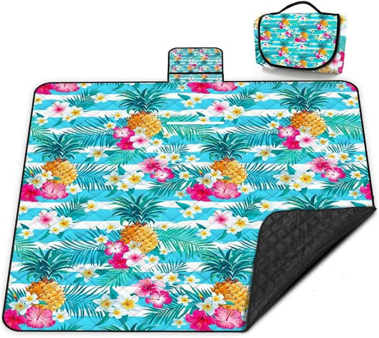 Extra Large Picnic Blanket Waterproof,80"x 80"Foldable Machine Washable Beach Blanket,Outdoor Blanket for 6-8 Adults,Suitable for Indoor Crawling,Park Beach,Camping,Hiking,Family Travel(Pineapple)