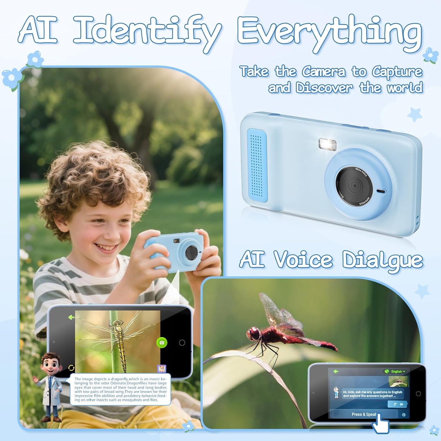 AI Everything Recognition Kids Camera for 4-12 Years Old Girls Boys, Supports 2.4GHz Wi-Fi,4" LCD Touch Screen,Dual Lenes Selfie Digital Camera,Gift Ideas for Birthday Christmas Festival