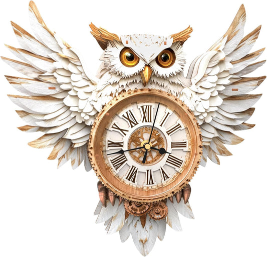 3D Puzzles for Adults Clock-Snowy Owl Design Model Kit-Mechanical DIY Pendulum Clock with Roman Numerals-Desk Home Office Decor Personalized Gift for DIY Lovers