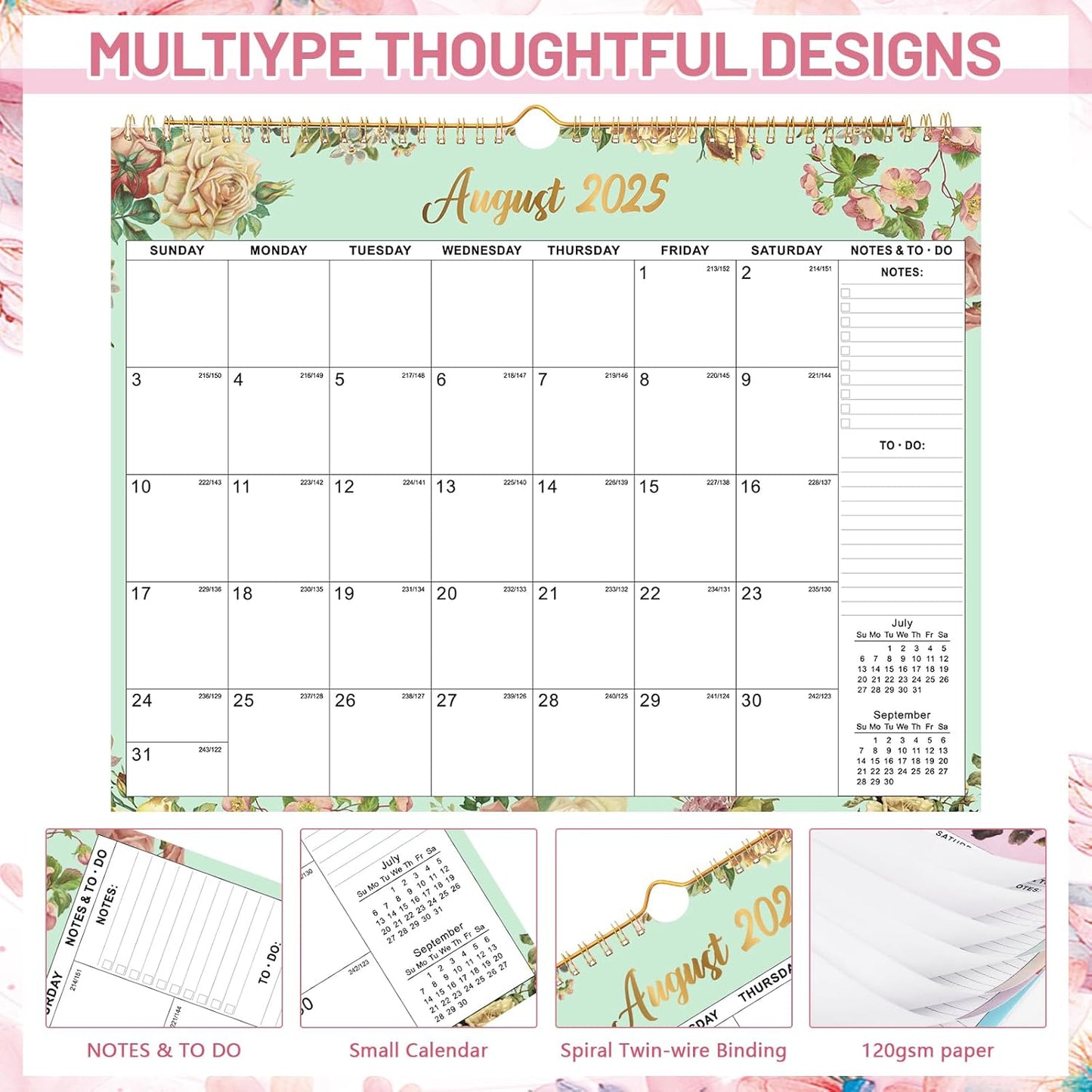 Wall Calendar 2025-2026, 18 Month Large Desk Calendar from July 2025 to December 2026 14.5" x 11.8" Monthly Calendar with Twin-Wire Binding for Home Office Planning Organisers, Flower Design