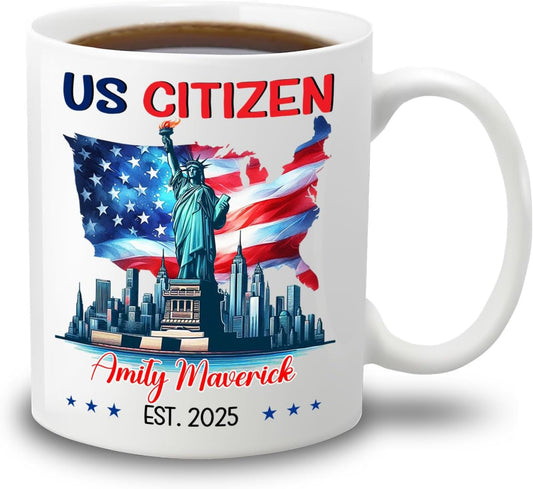 Customized Year & Name American Flag White Mug Gift For Dad Mom Friend Bestie, Unique New US Citizen Ceramic Coffee Cup 11 15Oz, Personalized US Citizenship Travel Coffee Mug, American Citizen Teacup