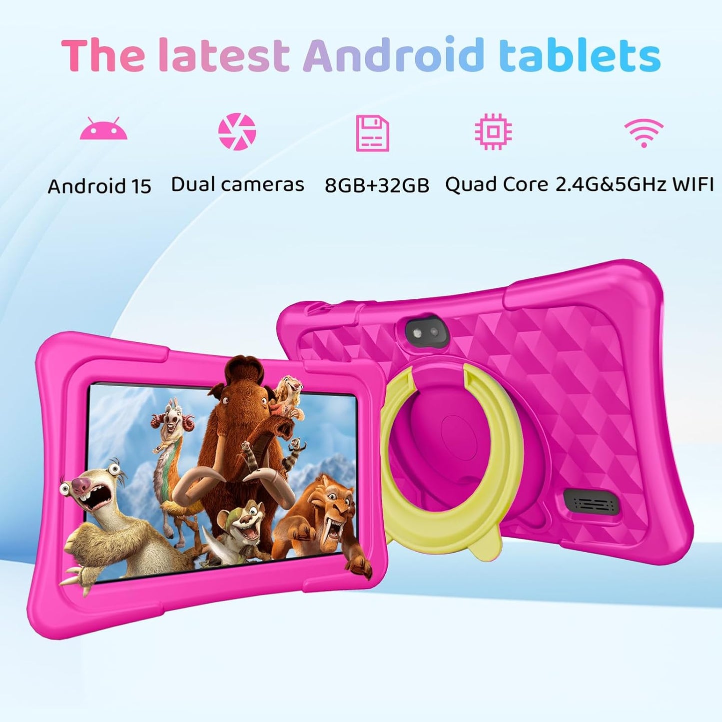 Kids Tablet, 7 inch Android 15 Tablet for Kids, 8GB+32GB 1TB Expand, Quad-Core Toddler Tablets with Shockproof Case, BT5.0, WiFi 5, Parental Control, Games, Dual Camera (Rose)