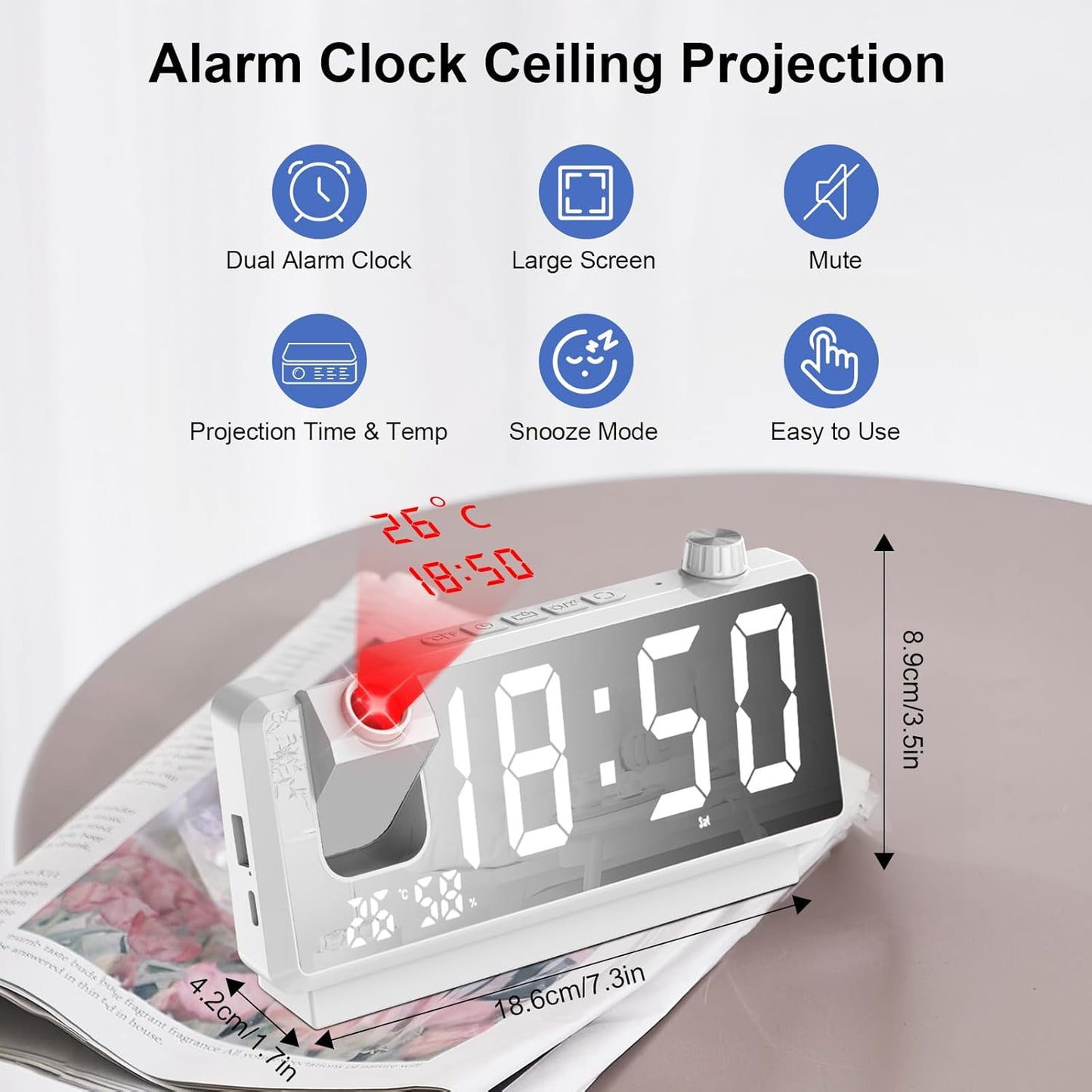 GuDoQi Projection Alarm Clock for Bedroom, Digital Clock with 180° Projector, 7" Large LED Display, Dual Alarms, Temperature&Humidity Display, Dual USB Port, 12/24H, Snooze, for Heavy Sleepers, White