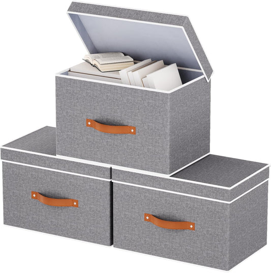 Collapsible Storage Bins with Lids, 3 Pack Linen Foldable Cloth Baskets, 15 x 9.8 x 9.8 Inch Closet Organizer Containers with Double Handles, Sweater Boxes for Bedroom, Grey