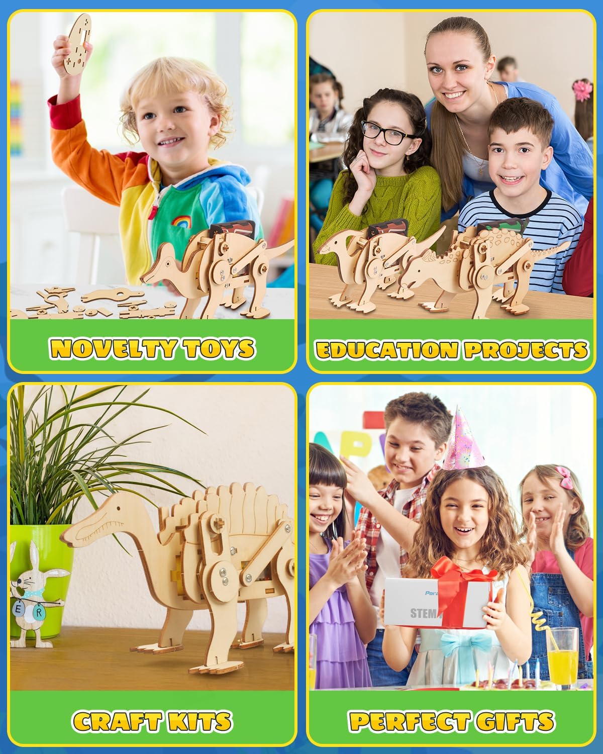 Poraxy Dinosaur Toys, 6 Set STEM Kits for Kids Ages 8-10-12, Toys for Ages 8-13, Science Kits Buildings Projects, 3D Wooden Puzzles Robot Crafts, Gifts for Boys and Girls Ages 8 9 10 11 12 13