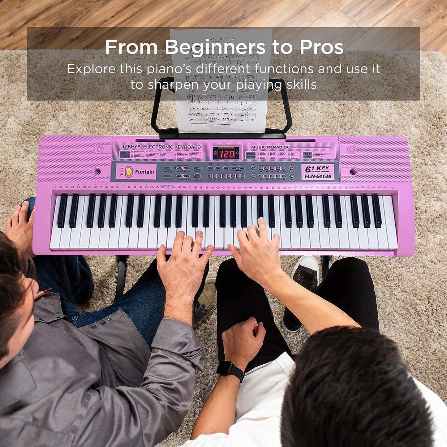 61 Key Electronic Keyboard Piano with Lighted Up Keys, Musical Mini Piano Keyboard with Sheet Music Stand Mircophone, Digital Portable Keyboards for Beginners Kids Adults, Pink