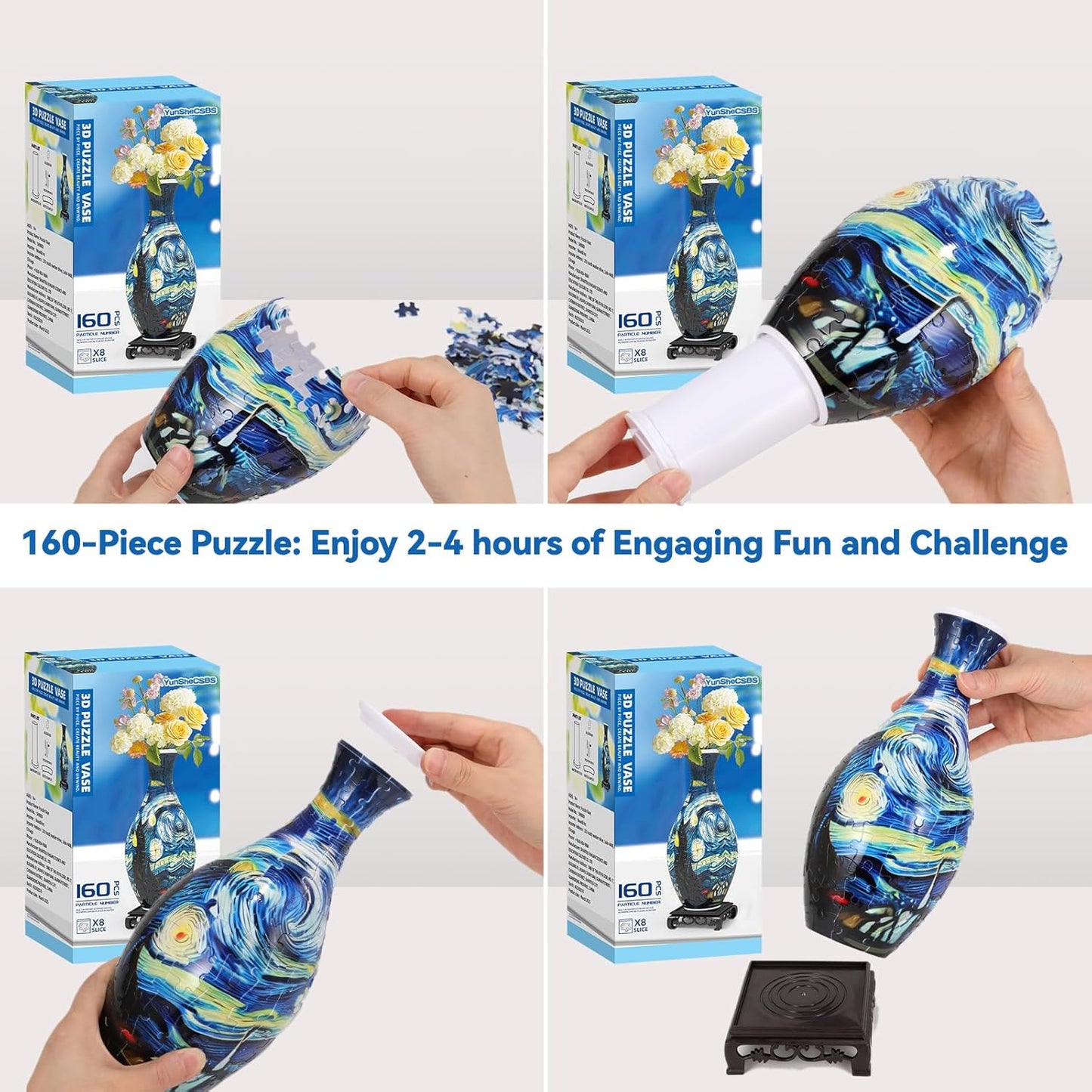 3D Puzzles Vase for Adults, Crafts for Adults, 160 Pieces Plastic DIY Unique Flower Vase with LED Light House Warming Gift Birthday Gifts for Flower Arrangements and Home Decor (Blue)