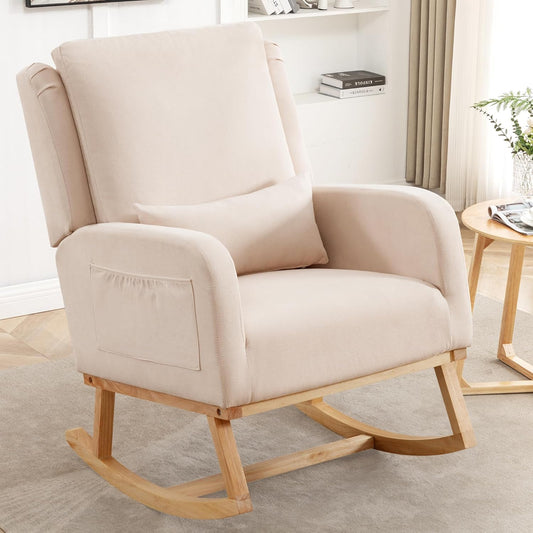 Rocking Chair Nursery, Nursing Rocking Chairs with Lumbar Pillow, Comfy Modern Nursery Glider Rocker Morden Accent Rocking Chair for Mom Nursery, Living Room, Bedroom, Beige