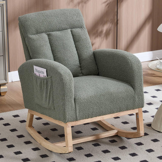 NIOIIKIT Nursery Rocking Chair, Teddy Upholstered Glider Chair with Side Pocket, Glider Rocker Chair with Tufted Back, Comfy Accent Nursing Chair for Living Room (Olive Green Modern)