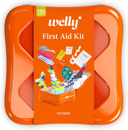Welly First Aid Kit - Adhesive Flexible Fabric and Waterproof Bandages, Tape and Non-Stick Pads, Butterfly Strips, Single Use Ointments Triple Antibiotic and Hydrocortisone, and Ibuprofen - 130 Count