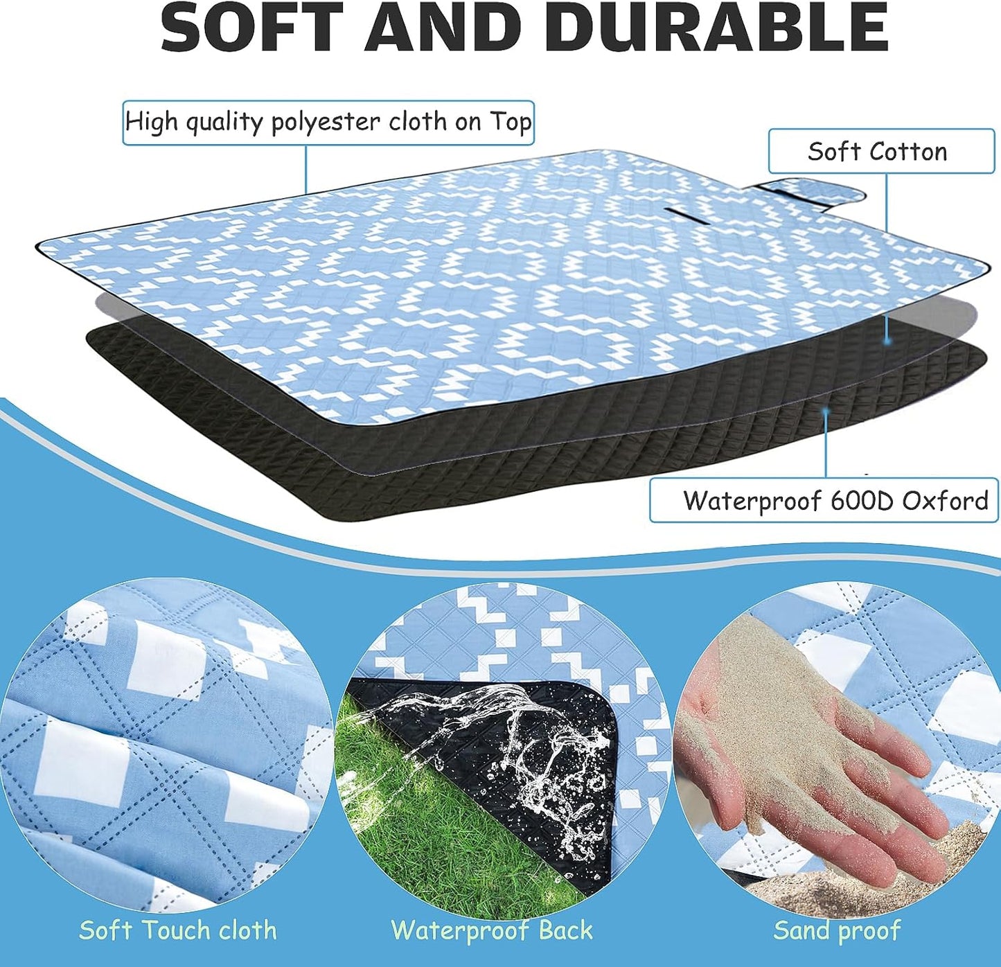 Large Picnic Blanket Beach Blanket Waterproof Sandproof Outdoor Blanket Foldable Beach Mat Sandfree Picnic Mat with Carry Strap Lightweight Beach Mat fit 2 to 4 Adults for Beach Grass Lawn Park