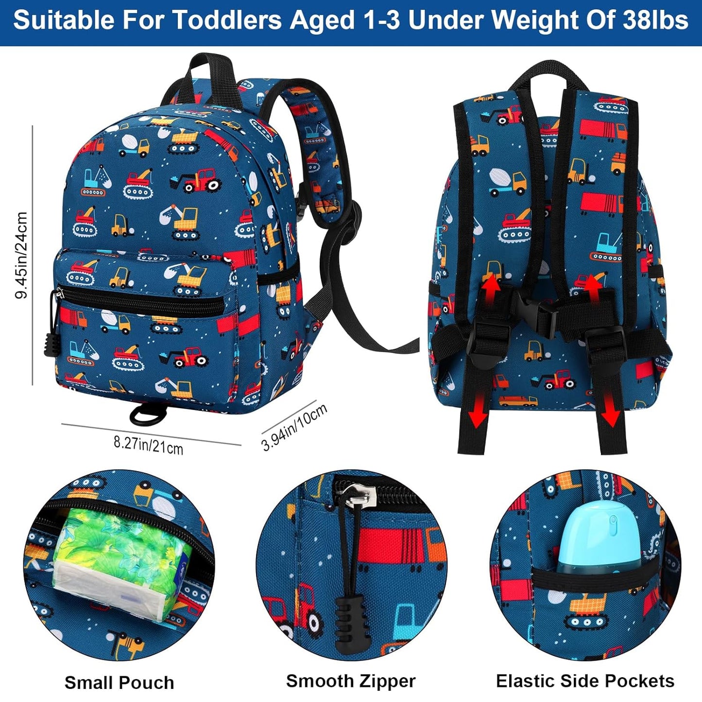 Accmor Toddler Backpack with Leash, Cute Baby Backpack with Anti Lost Wrist Link, Mini Kids Backpack Leash Walking Harness for Travel, Adjustable Excavator Backpack Tether for Boys Girls Ages 1-3