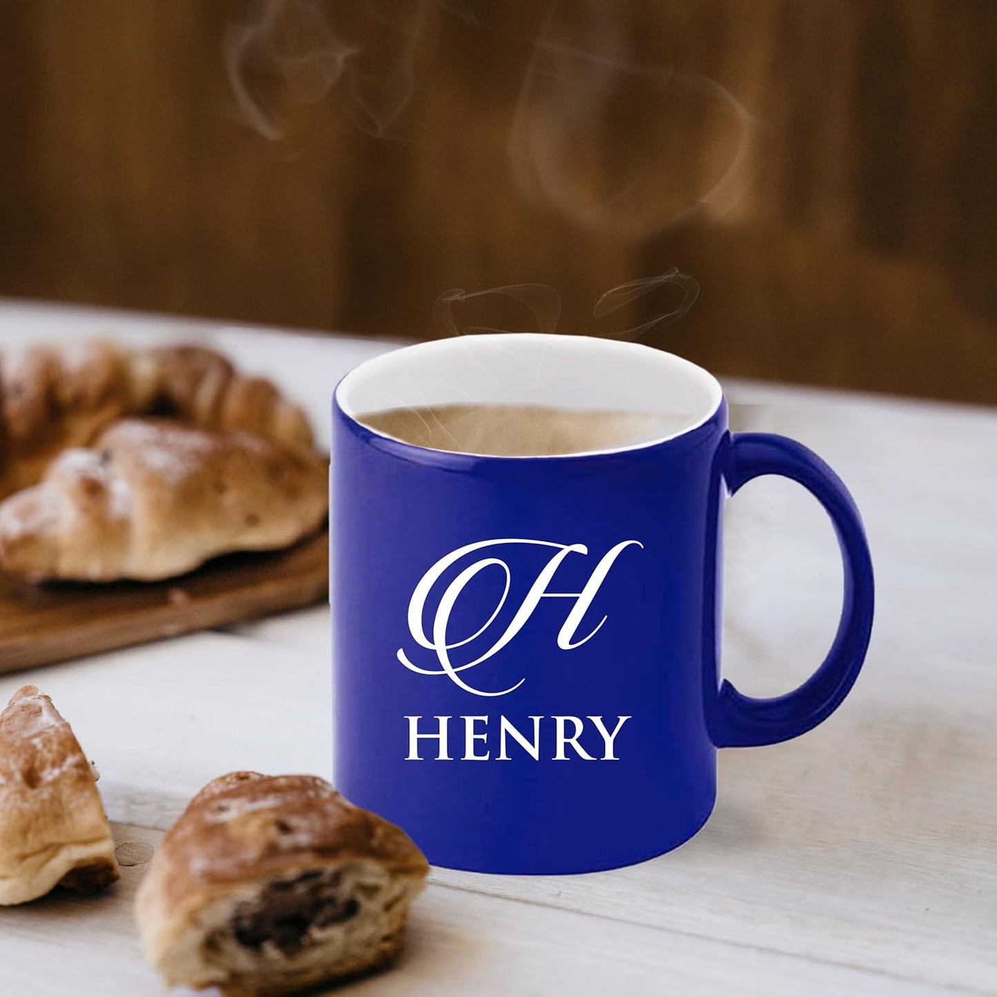 My Personal Memories Custom Monogrammed Coffee Latte Mug and Tea Cup - Personalized and Engraved (Blue)