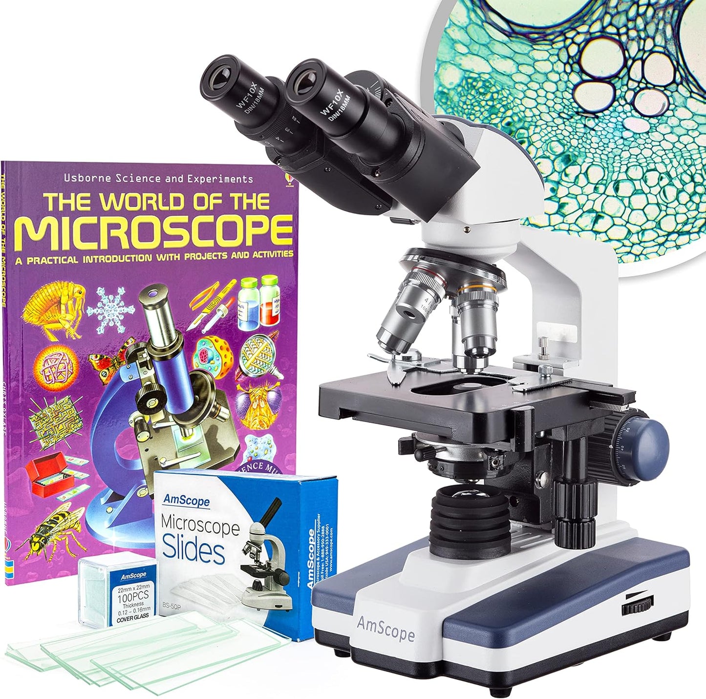 AmScope B120C-WM-BS Siedentopf Binocular Compound Microscope, 40X-2500X Magnification, Brightfield, LED Illumination, Abbe Condenser, Double-Layer Mechanical Stage, Includes Book, 50 Blank Slides, and 100 Coverslips