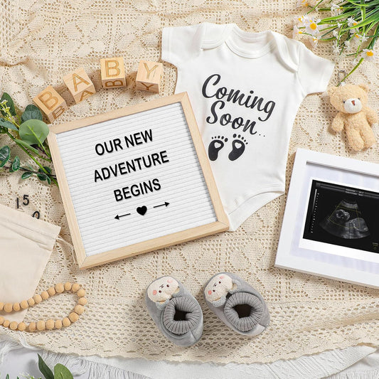 9 Pcs Pregnancy Announcement Set Pregnancy Reveal Ideas Felt Letter Board Baby Bodysuit Baby Booties Photo Frame Bear Plush Baby Wood Blocks for Coming Soon Baby Announcement (White,Bright)