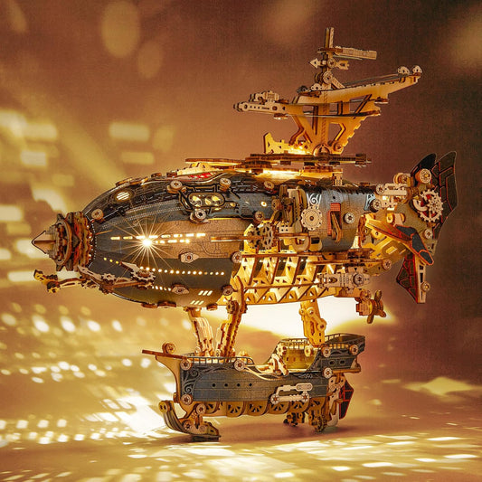 LED 3D Wood Puzzle Fantasy Airship Model - Steampunk DIY Craft Kit with LED Lights – Intricate Wooden Airship Model Building Set for Teens and Adults(Gray)
