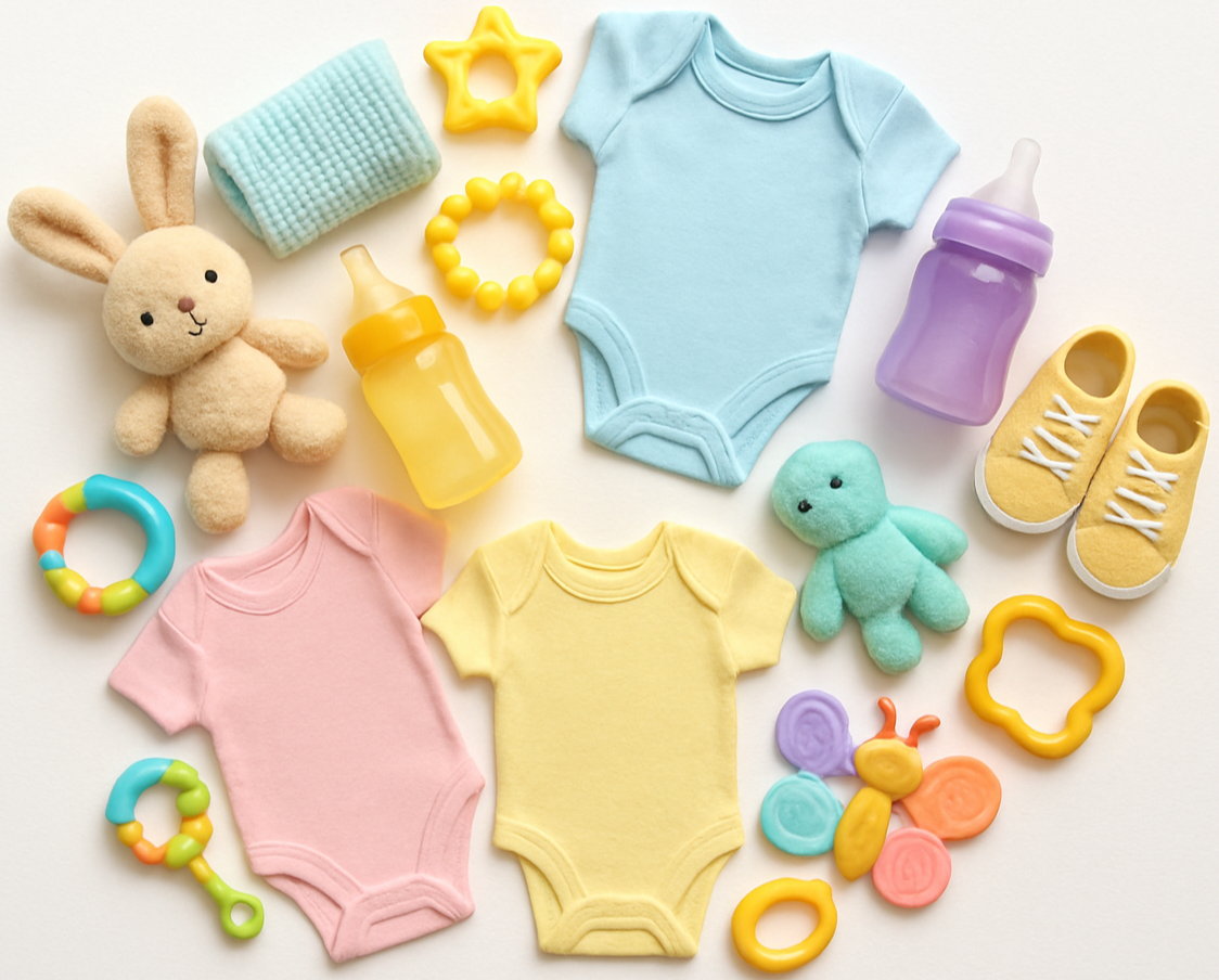 circle photo of baby products, make it a real photo and make it colorful